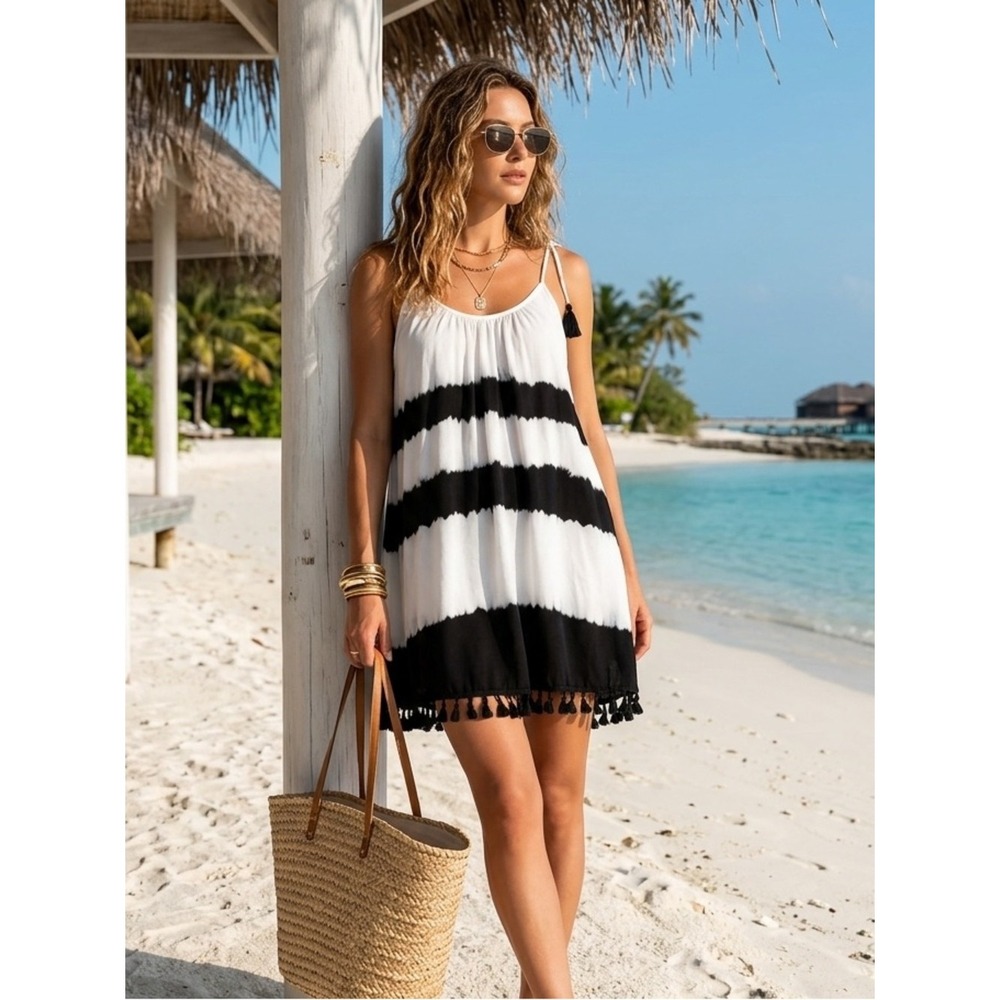 For Cynthia Beachwear Tie Dye Tassel Hem Mini Dress S Resortwear Tropical Beach